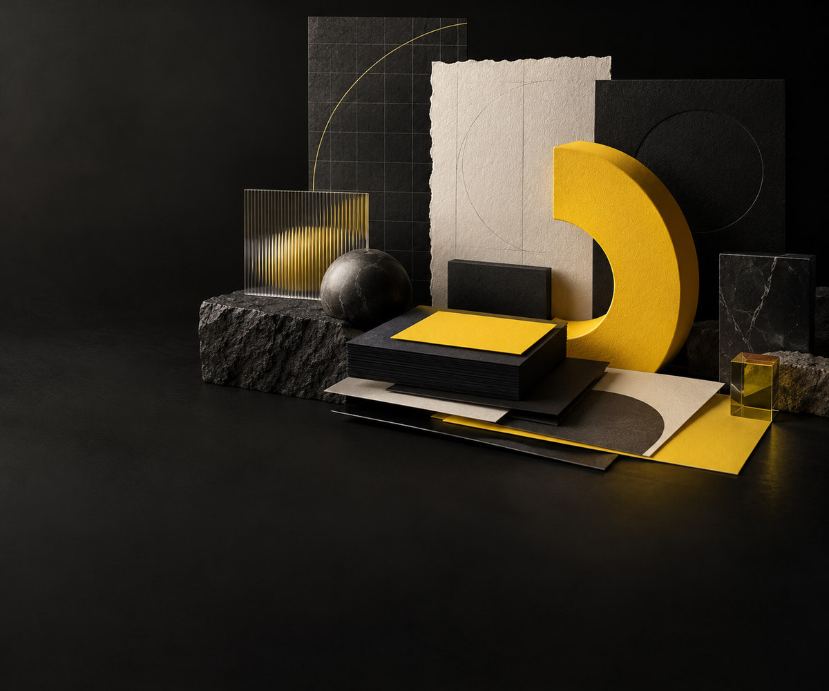 Black and yellow identity materials with textured paper and geometric forms