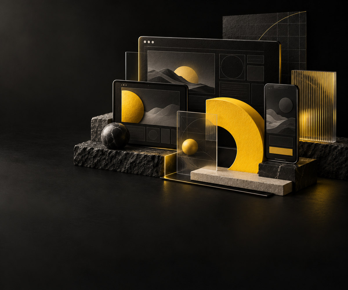 Desktop, tablet and phone interface compositions in black and yellow