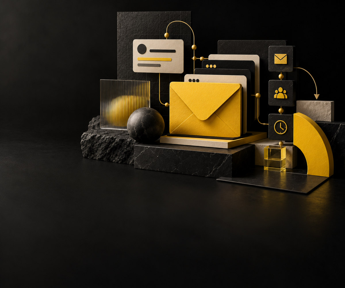 Yellow envelope with connected customer communication panels and automation symbols