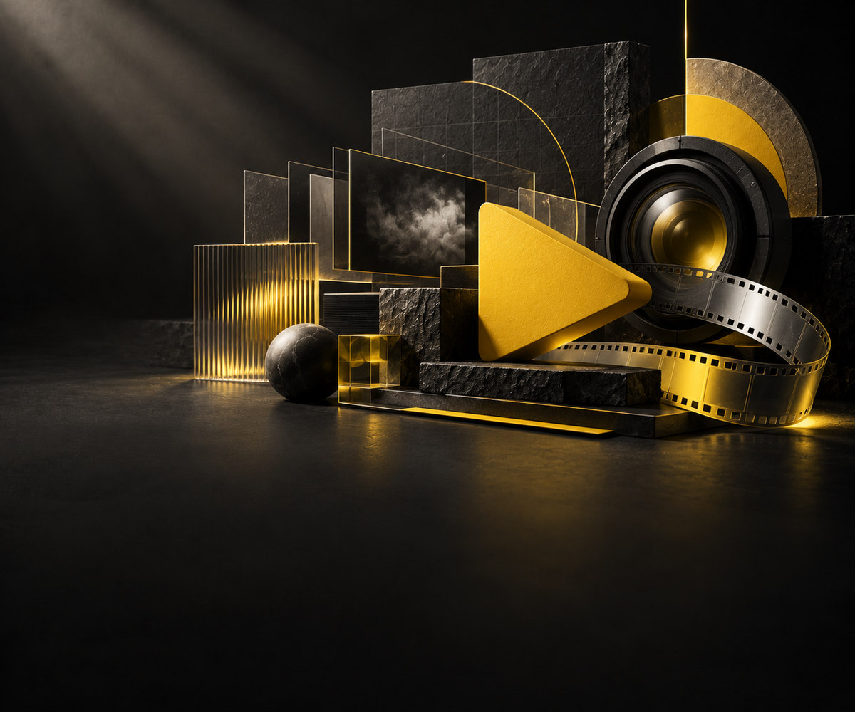 Cinema lens, filmstrip and yellow play symbol