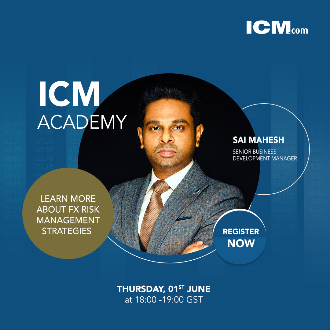 ICM Academy webinar announcement featuring Sai Mahesh and risk-management learning content.